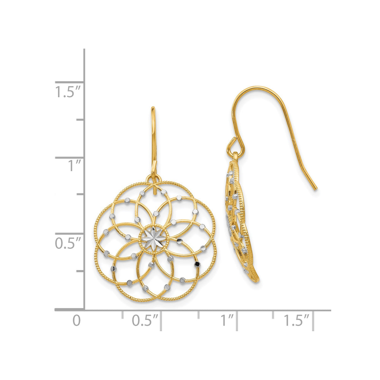 14k Yellow Gold Dangle Earrings, Mandala Starburst with Floral Openwork, Boho Filigree Design