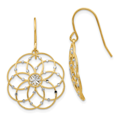 14k Yellow Gold Dangle Earrings, Mandala Starburst with Floral Openwork, Boho Filigree Design