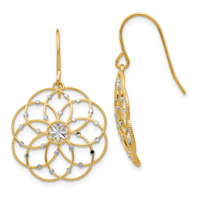 14k Yellow Gold Dangle Earrings, Mandala Starburst with Floral Openwork, Boho Filigree Design