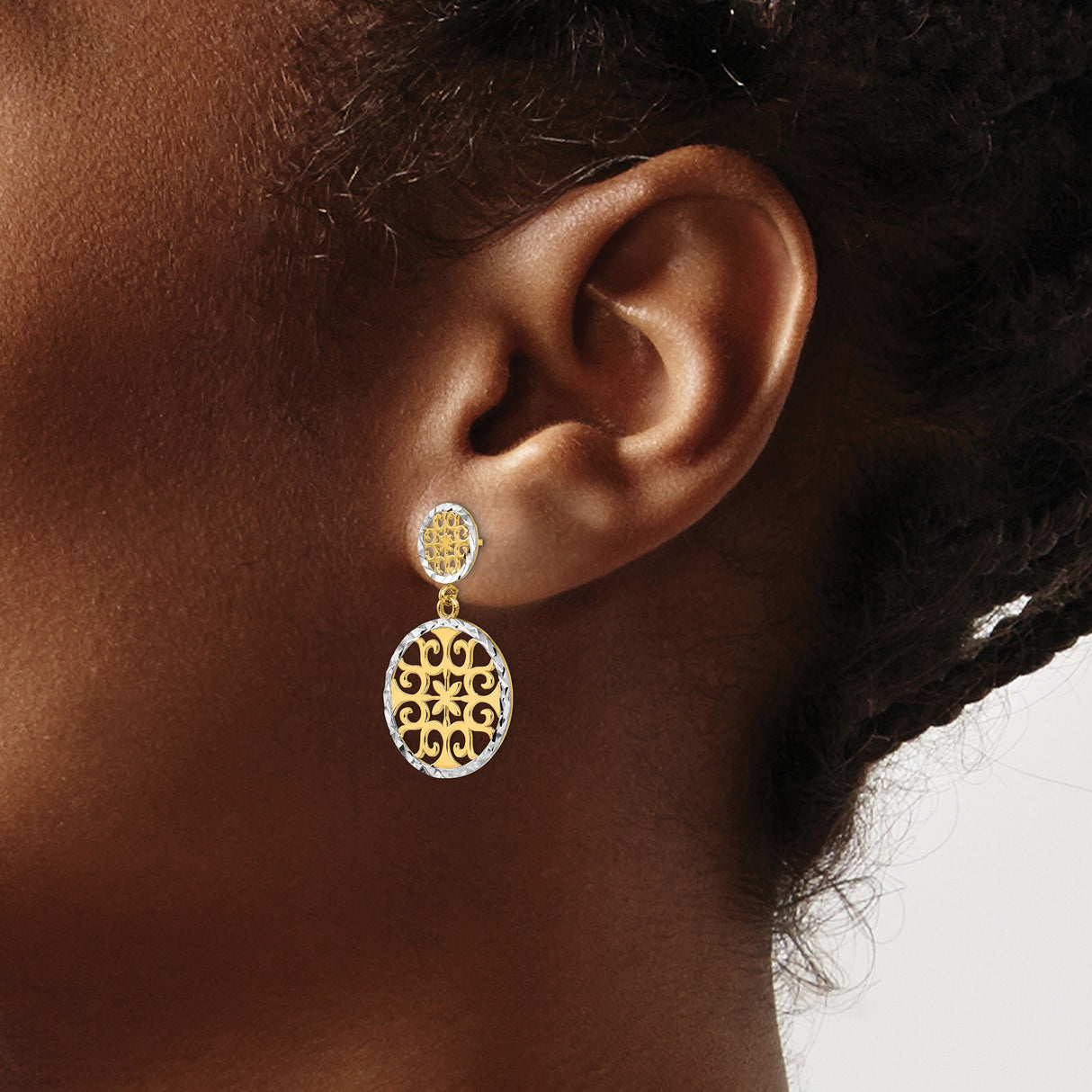 14k Yellow Gold Dangle Earrings with Filigree Scroll Design and Floral Circle Motif for Women