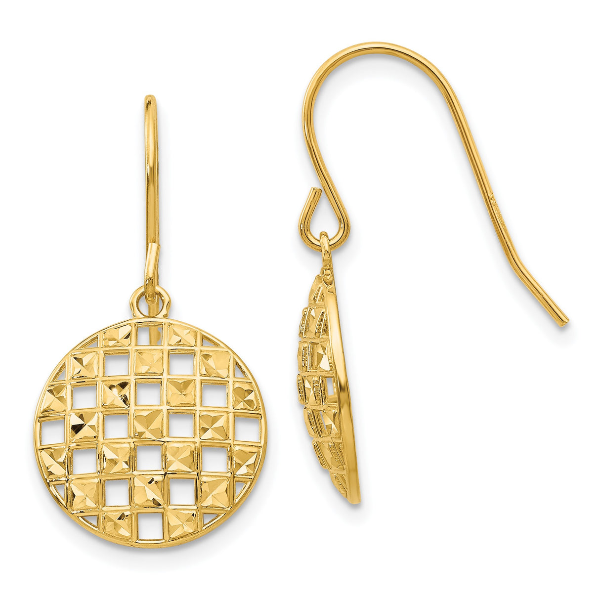 14k Yellow Gold Dangle Earrings with Open Lattice Design and Diamond Cut Detailing