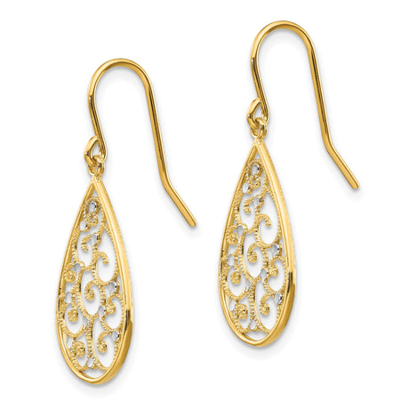 14k Two-Tone Gold Teardrop Dangle Earrings with Open Filigree Swirl Design