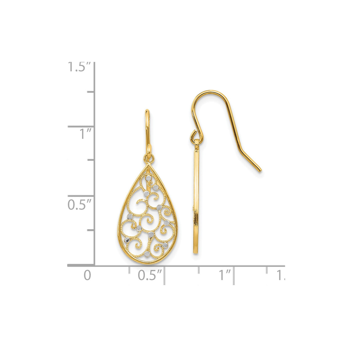 14k Two-Tone Gold Teardrop Dangle Earrings with Open Filigree Swirl Design