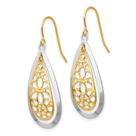14k Yellow Gold Drop Earrings, Two-Tone Teardrop Openwork Floral Design for Women