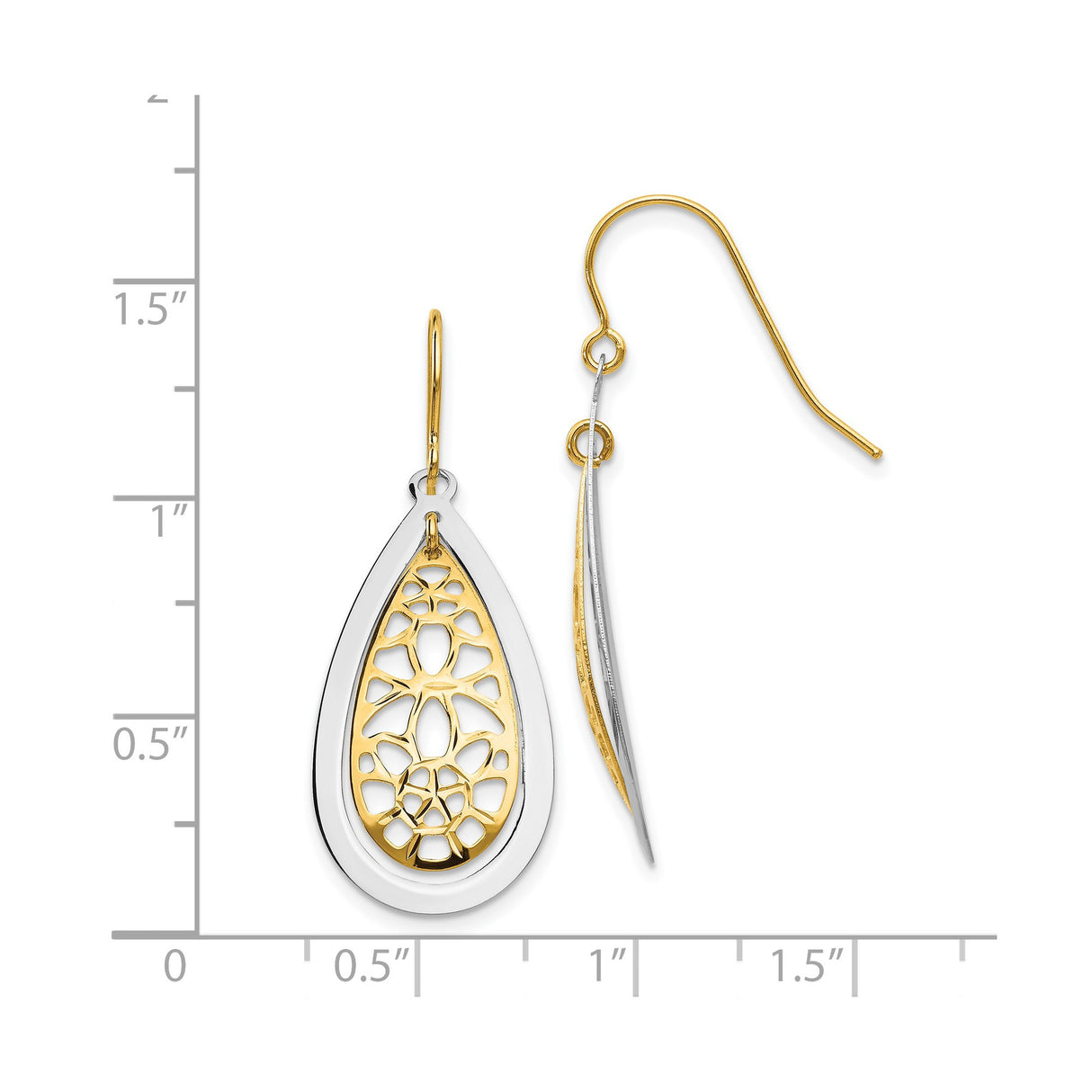 14k Yellow Gold Drop Earrings, Two-Tone Teardrop Openwork Floral Design for Women