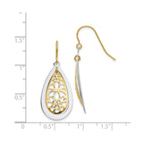 14k Yellow Gold Drop Earrings, Two-Tone Teardrop Openwork Floral Design for Women
