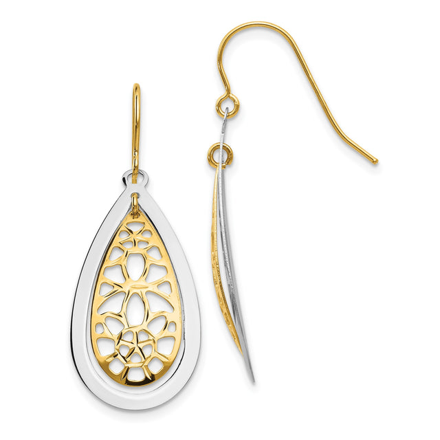 14k Yellow Gold Drop Earrings, Two-Tone Teardrop Openwork Floral Design for Women