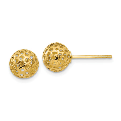 14k Yellow Gold Stud Earrings, Hollow Dome Ball with Cutout Detailing, Lightweight Modern Style