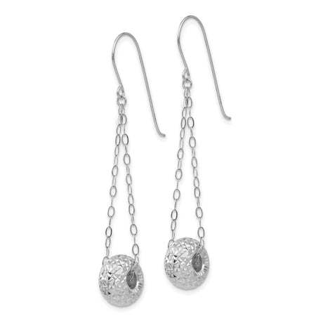14k White Gold Drop Earrings with Textured Donut Dangles and Chain Links, Modern Minimalist Style