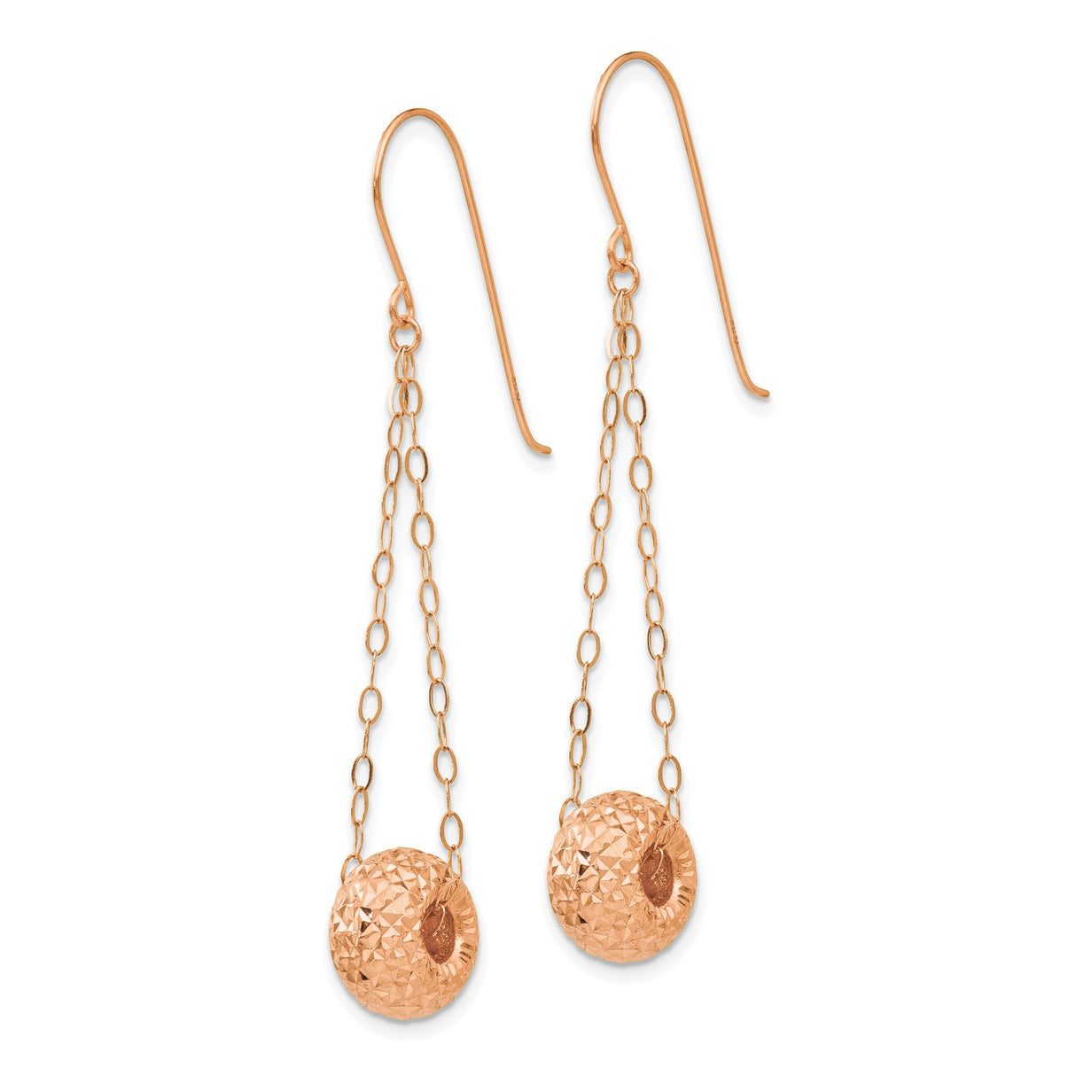14k Rose Gold Dangle Earrings with Textured Donut and Barrel Drops, Modern Minimal Design
