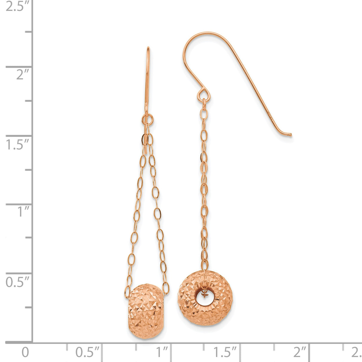 14k Rose Gold Dangle Earrings with Textured Donut and Barrel Drops, Modern Minimal Design