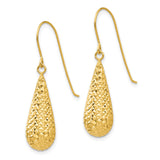 14k Yellow Gold Teardrop Dangle Earrings, Diamond Cut Textured Finish, Hook Style for Women