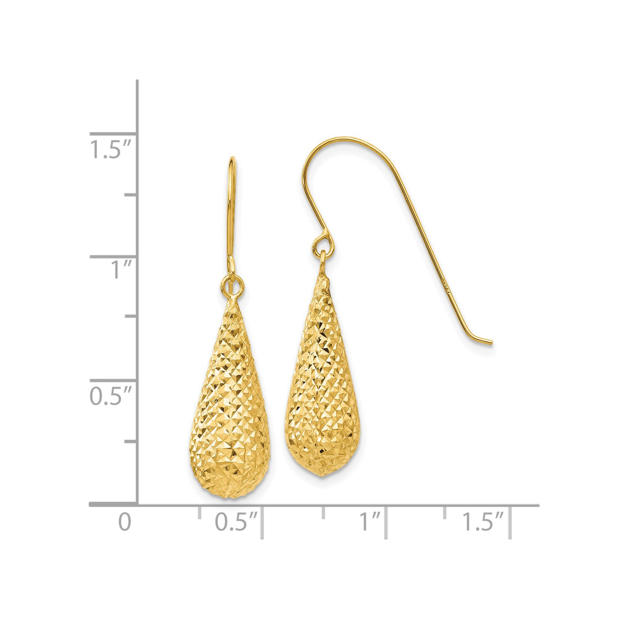 14k Yellow Gold Teardrop Dangle Earrings, Diamond Cut Textured Finish, Hook Style for Women