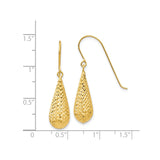 14k Yellow Gold Teardrop Dangle Earrings, Diamond Cut Textured Finish, Hook Style for Women