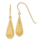 14k Yellow Gold Teardrop Dangle Earrings, Diamond Cut Textured Finish, Hook Style for Women