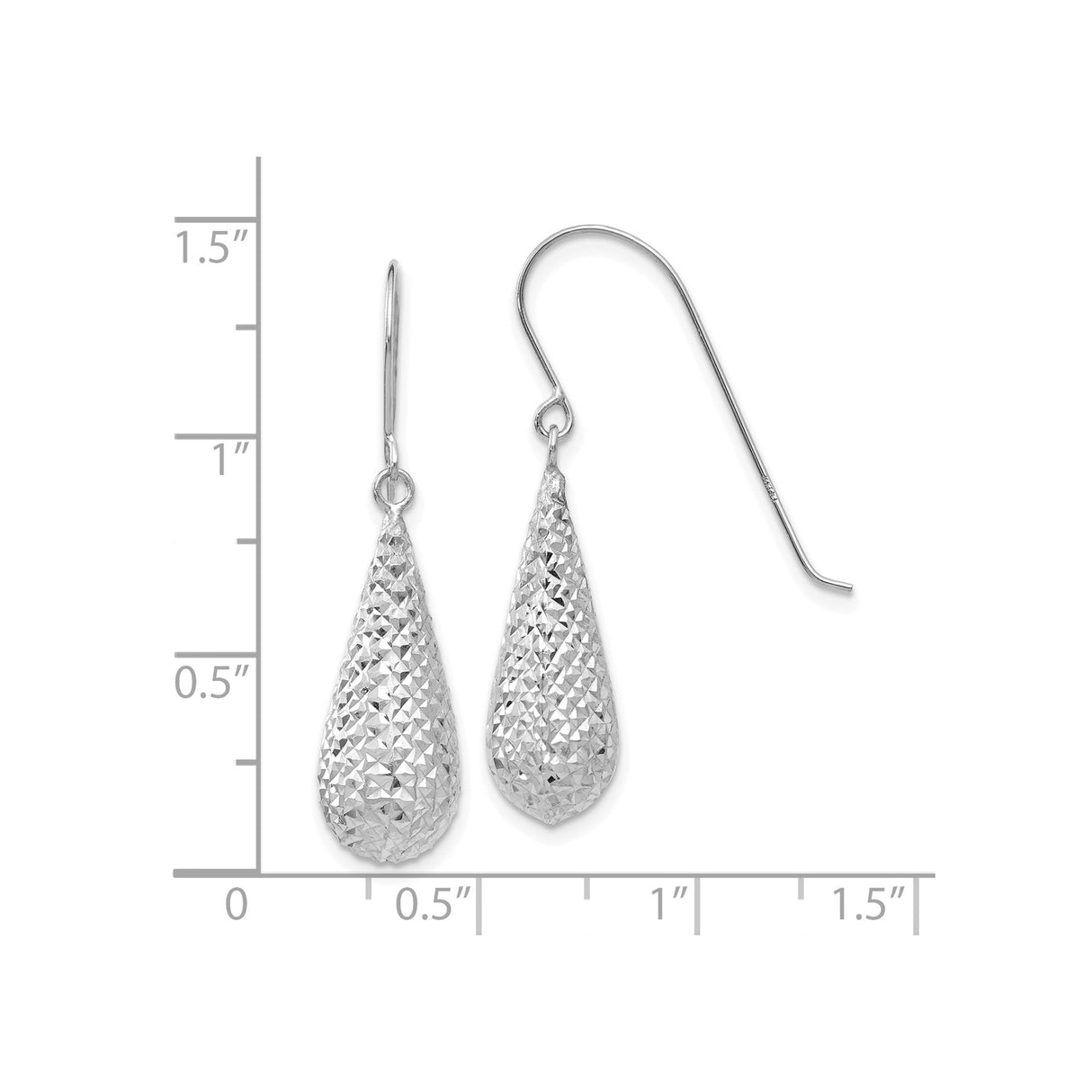 14k White Gold Teardrop Dangle Earrings, Diamond Cut Texture, Long Lightweight Design