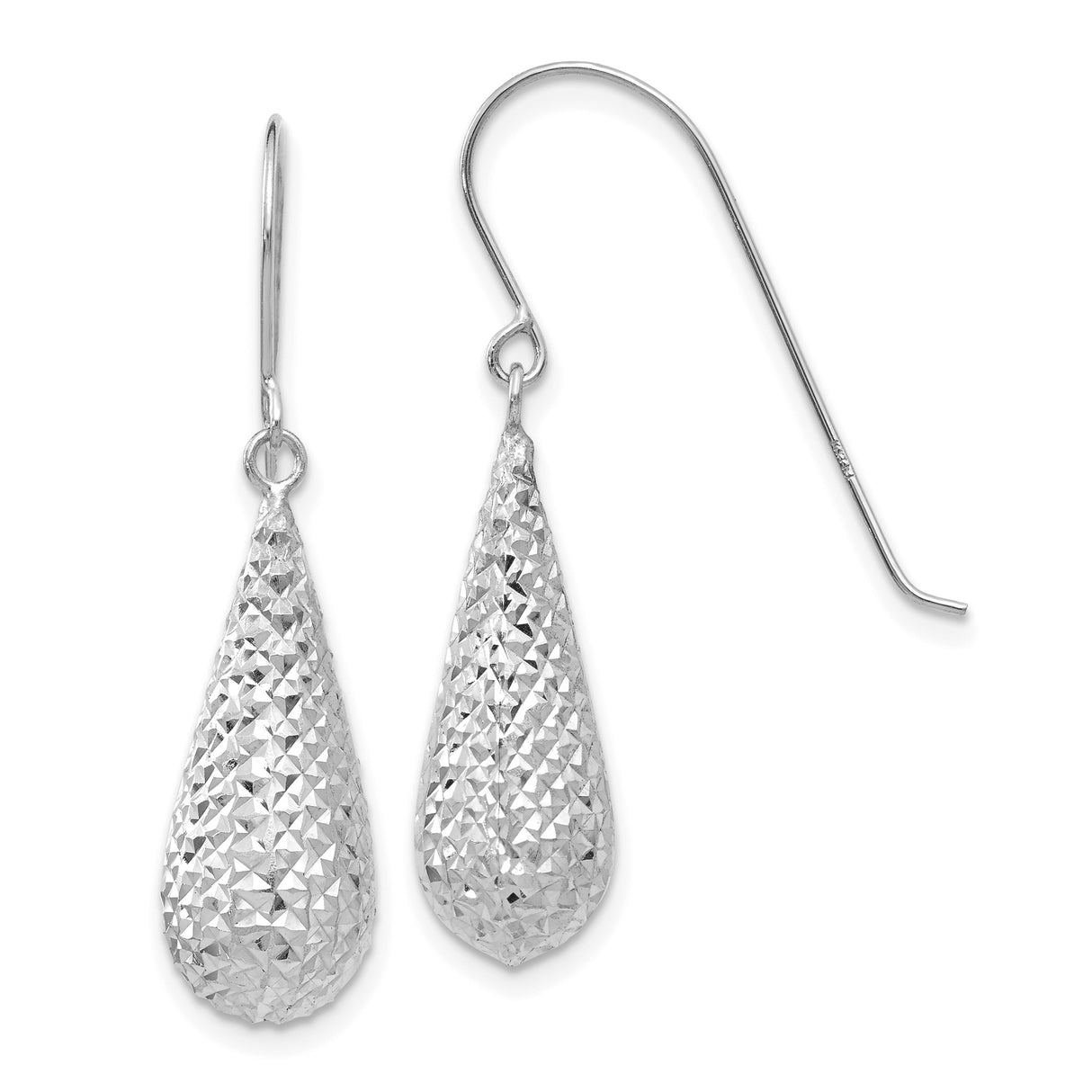 14k White Gold Teardrop Dangle Earrings, Diamond Cut Texture, Long Lightweight Design
