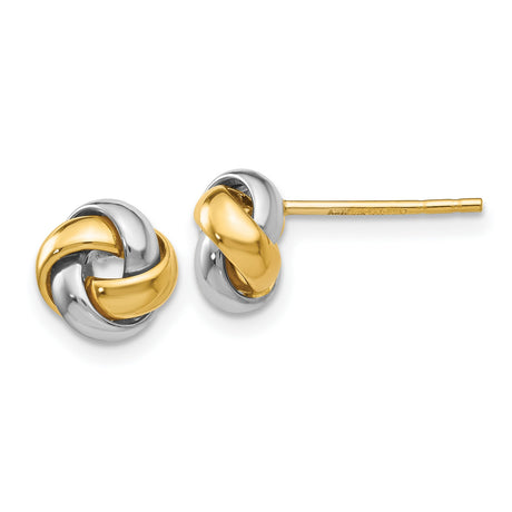 14k Two Tone Gold Love Knot Stud Earrings, Interwoven Yellow and White Gold Design