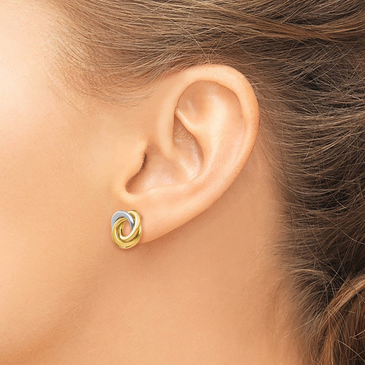 14k Two-Tone Gold Love Knot Stud Earrings, Intertwined Yellow and White Gold Loops