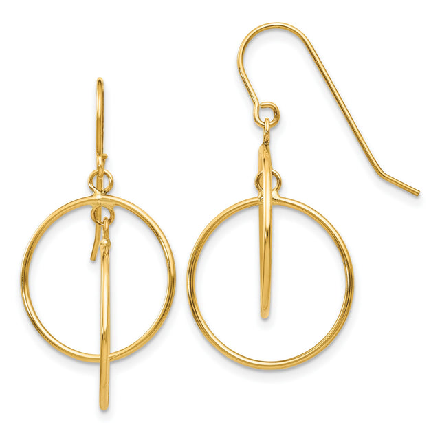 14k Yellow Gold Dangle Earrings with Interlocked Open Hoops, Minimalist Geometric Design