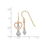 14k Tri Color Gold Dangle Earrings with Intertwined Heart Charms for Women