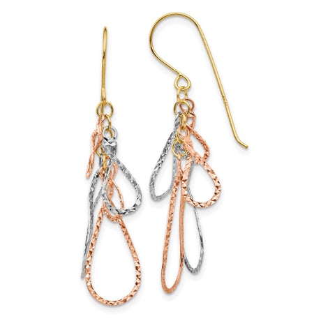 14k Yellow Gold Dangle Earrings with Tri-Color Layered Teardrop Loops and Textured Design