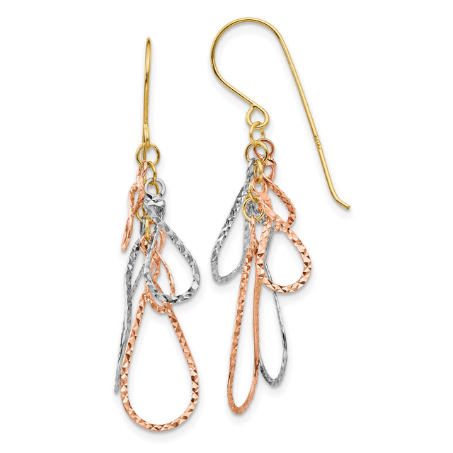 14k Yellow Gold Dangle Earrings with Tri-Color Layered Teardrop Loops and Textured Design