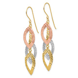 14k Tri-Color Gold Dangle Earrings with Interlocking Marquise Links and Textured Finish