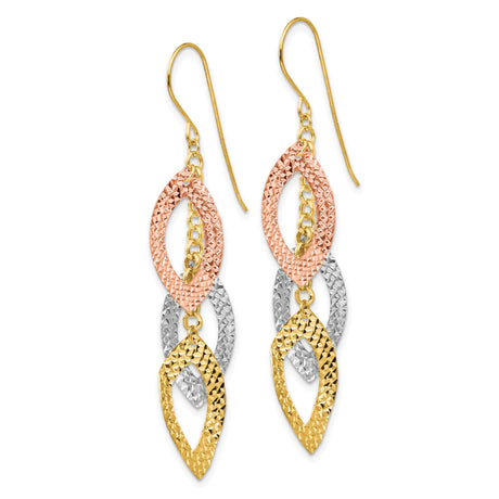 14k Tri-Color Gold Dangle Earrings with Interlocking Marquise Links and Textured Finish