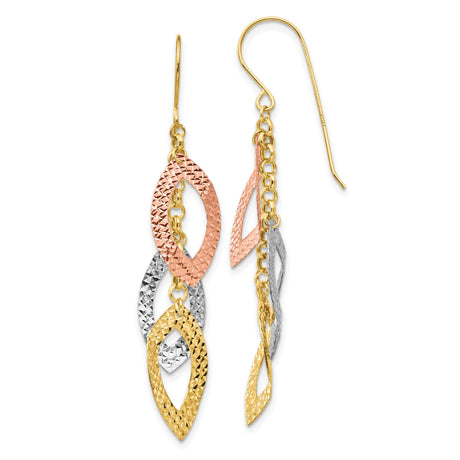 14k Tri-Color Gold Dangle Earrings with Interlocking Marquise Links and Textured Finish