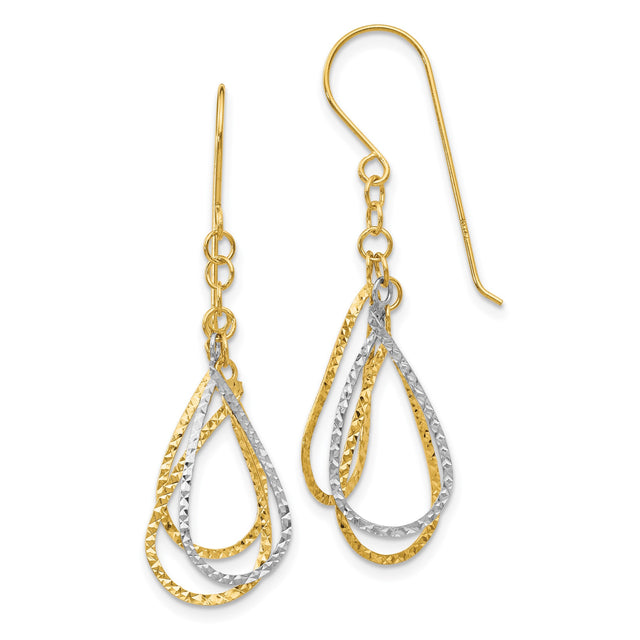 14k Two-Tone Gold Dangle Earrings with Interlocking Teardrop Design and Diamond-Cut Finish