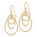14k Yellow Gold Dangle Earrings, Triple Hoop Design, Polished Modern Geometric Style