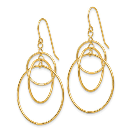 14k Yellow Gold Dangle Earrings, Triple Hoop Design, Polished Modern Geometric Style