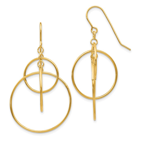 14k Yellow Gold Dangle Earrings, Triple Hoop Design, Polished Modern Geometric Style