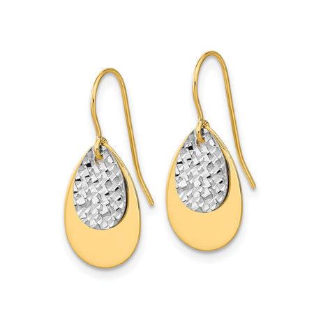 14k Two-Tone Gold Teardrop Dangle Earrings with Polished Yellow Gold and Diamond-Cut Center
