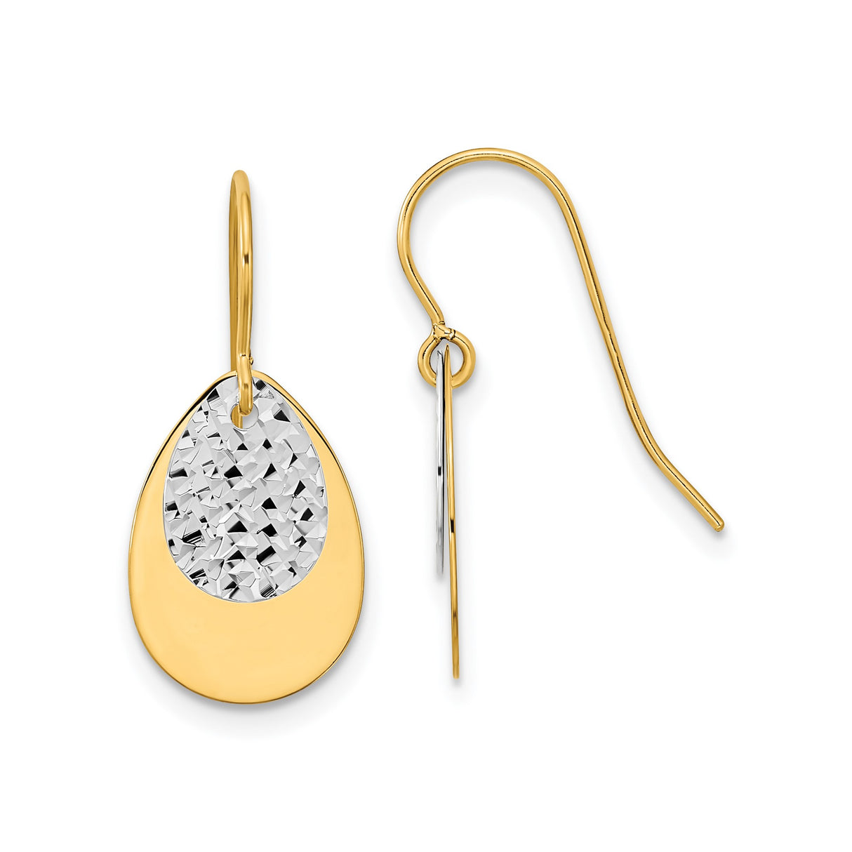 14k Two-Tone Gold Teardrop Dangle Earrings with Polished Yellow Gold and Diamond-Cut Center