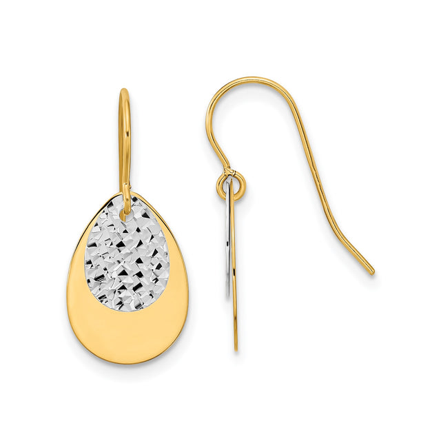 14k Two-Tone Gold Teardrop Dangle Earrings with Polished Yellow Gold and Diamond-Cut Center