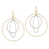 14k Tri-Color Gold Dangle Earrings with Interlocking Textured Hoops, Geometric Design for Women