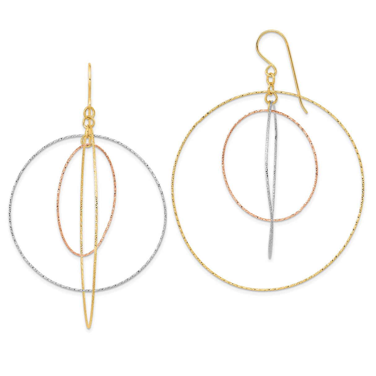 14k Tri-Color Gold Dangle Earrings with Interlocking Textured Hoops, Geometric Design for Women