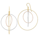 14k Tri-Color Gold Dangle Earrings with Interlocking Textured Hoops, Geometric Design for Women