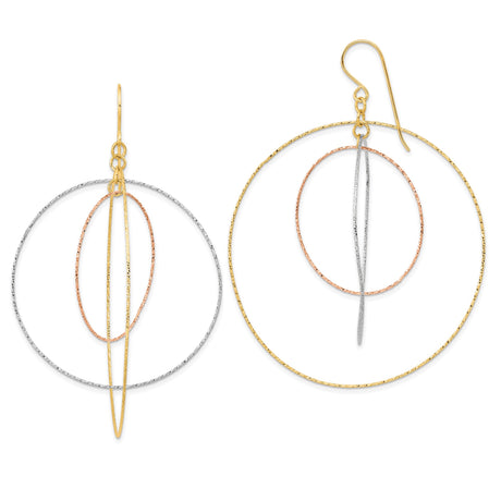 14k Tri-Color Gold Dangle Earrings with Interlocking Textured Hoops, Geometric Design for Women