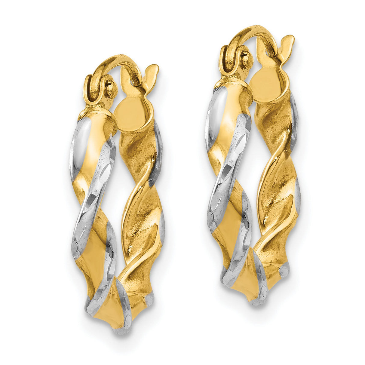 14k Yellow Gold Twisted Hoop Earrings, Rhodium Accents, Lightweight Two-Tone Hinged Design