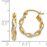 14k Yellow Gold Twisted Hoop Earrings, Rhodium Accents, Lightweight Two-Tone Hinged Design
