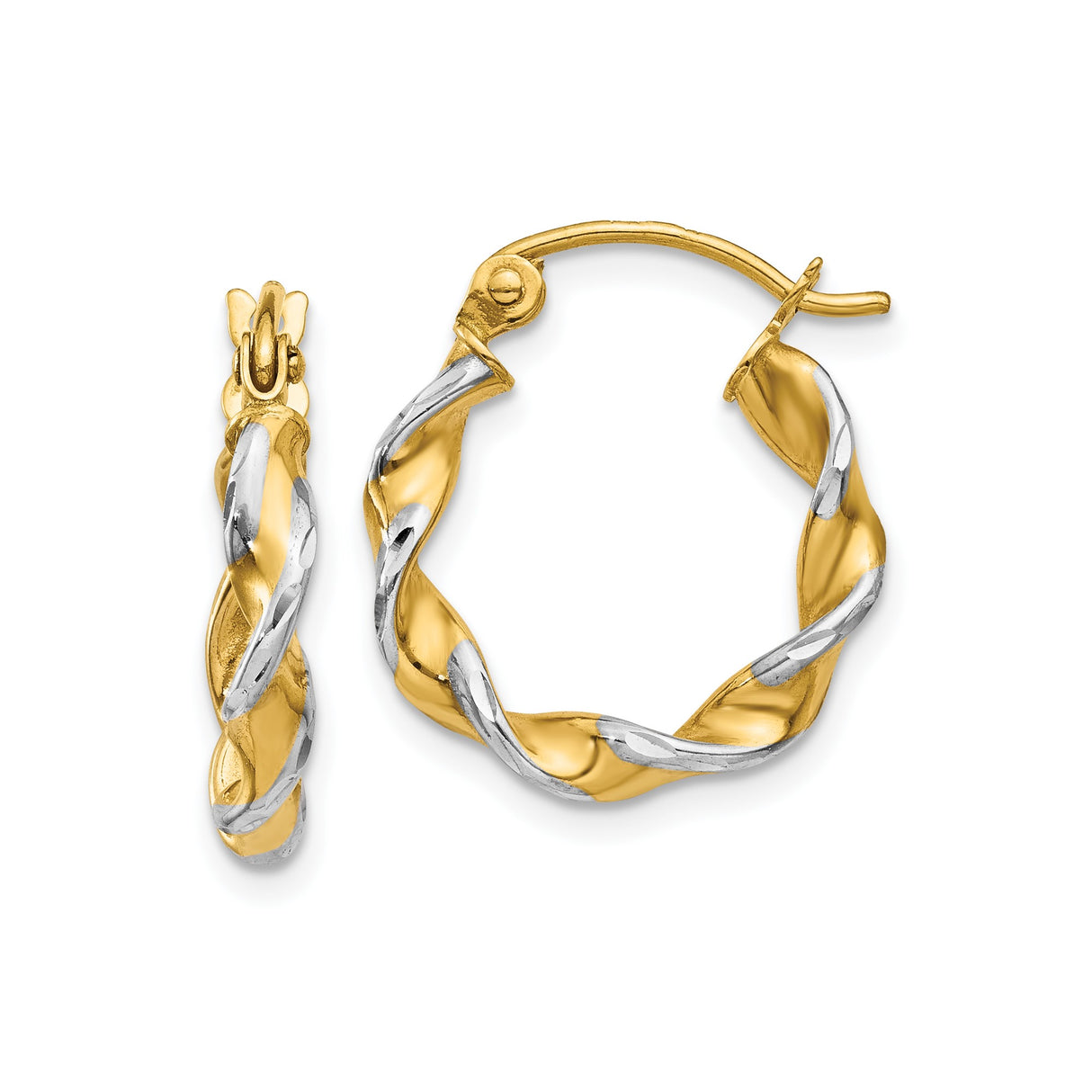 14k Yellow Gold Twisted Hoop Earrings, Rhodium Accents, Lightweight Two-Tone Hinged Design