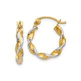 14k Yellow Gold Twisted Hoop Earrings, Rhodium Accents, Lightweight Two-Tone Hinged Design