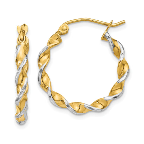 14k Yellow Gold Twisted Hoop Earrings, Two-Tone Polished Intertwined Design for Women
