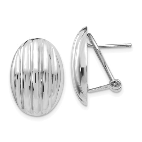 14k White Gold Oval Hoop Earrings with Polished Ribbed Design and Omega Clip Back