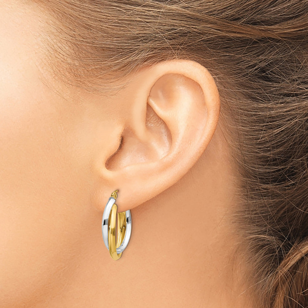 14k Yellow Gold Hoop Earrings, Interlocking Two Tone Double Loop Polished Design