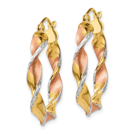 14k Tri Tone Gold Twisted Hoop Earrings, Polished and Textured Modern Design for Women