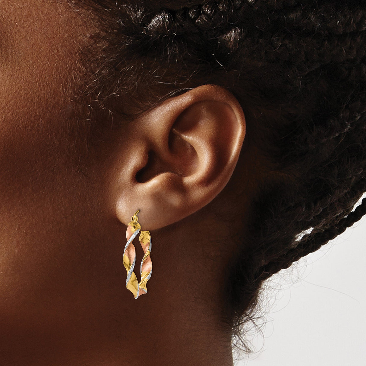 14k Tri Tone Gold Twisted Hoop Earrings, Polished and Textured Modern Design for Women